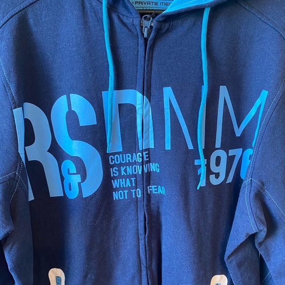 NWT PRIVATE MEMBER Blue Zip Front Hoodie Sweater with Graphic Print SZ M - Picture 4 of 8